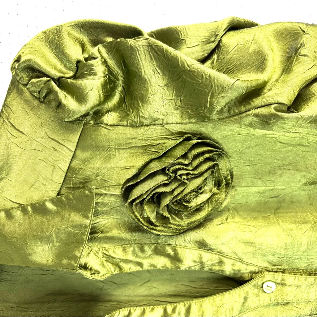 Iz Byer L Victorian Style Satin Blouse in Olive Sheen with Flower - Image 2