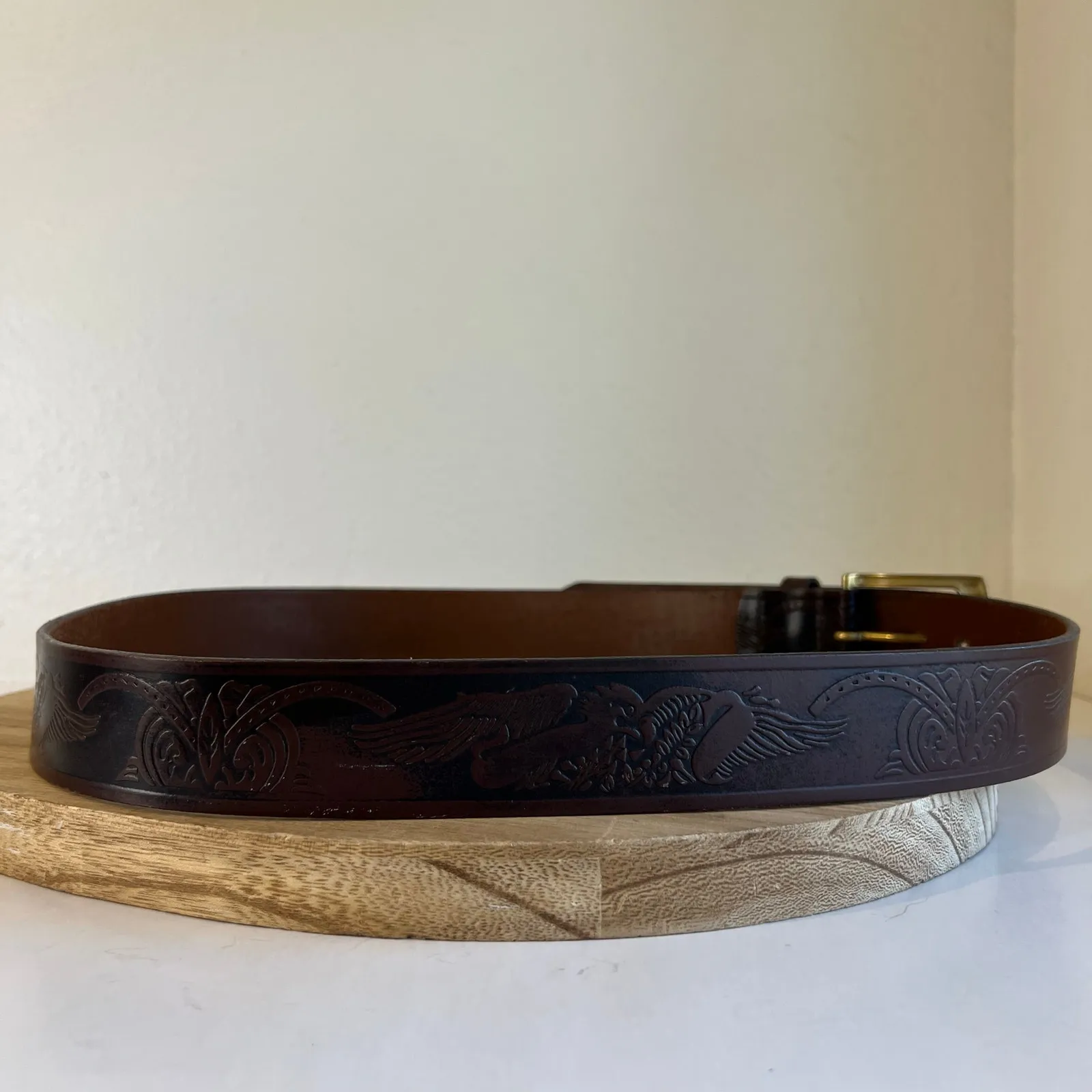 Wrangler  Brown Genuine Leather Eagle Tooled Western Belt Unisex Size Large - Image 2