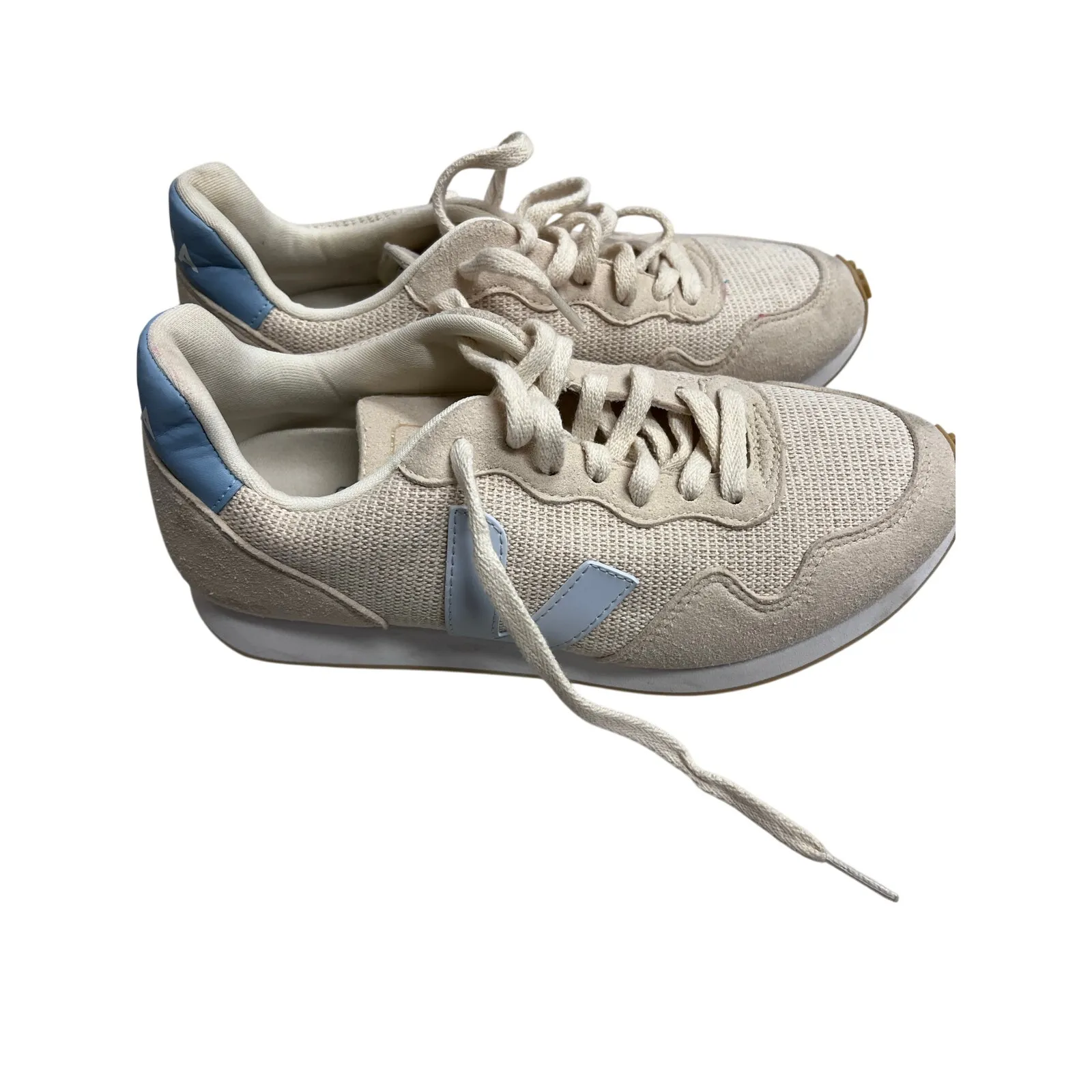 VEJA Rio Branco Womens 8 Cream Canvas Suede Sneakers Blue V Retro Shoes - Image 7