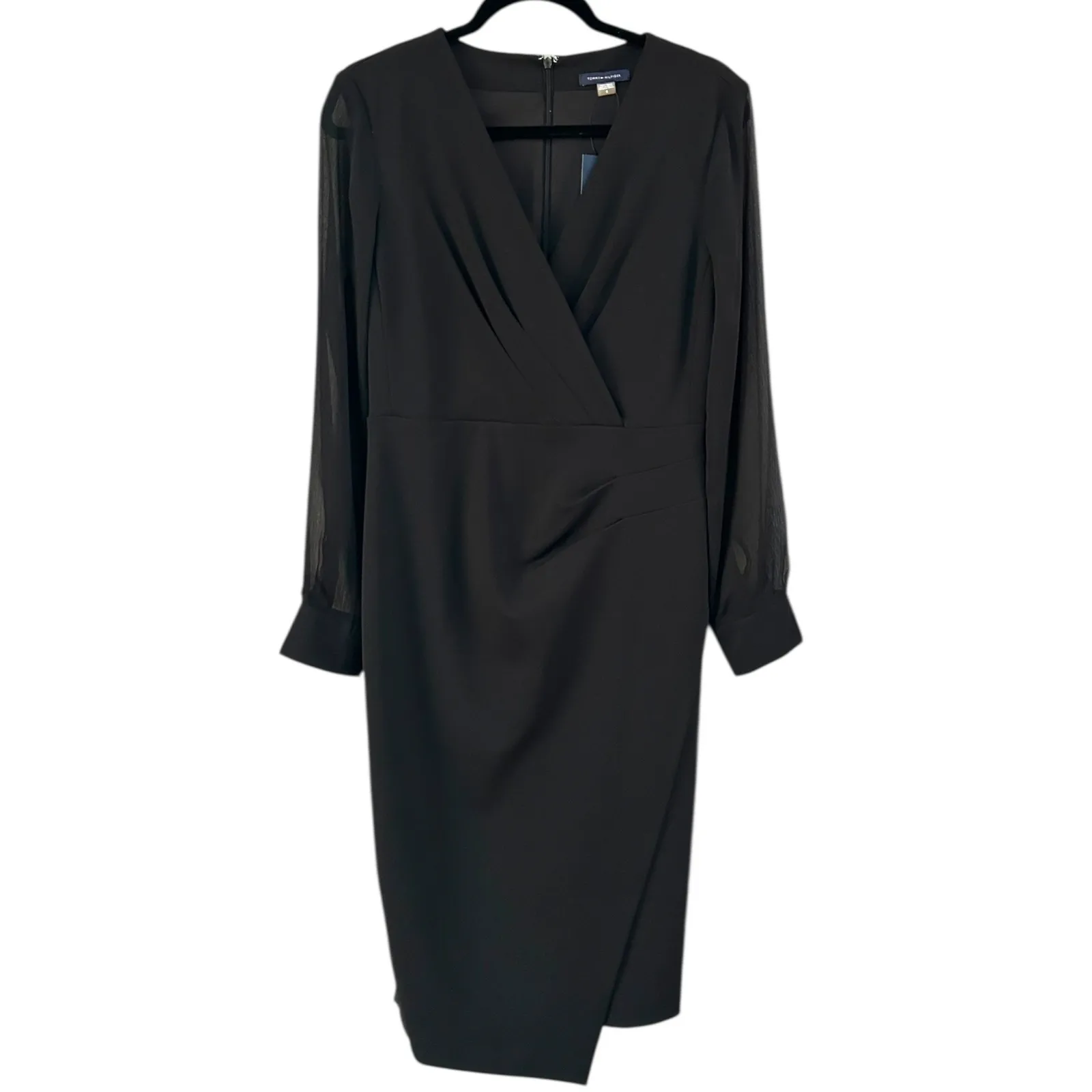 NWT‎ Tommy Hilfiger Scuba Little Black Sheer Long Sleeve Wrap Midi Dress Size 8 - Image 2