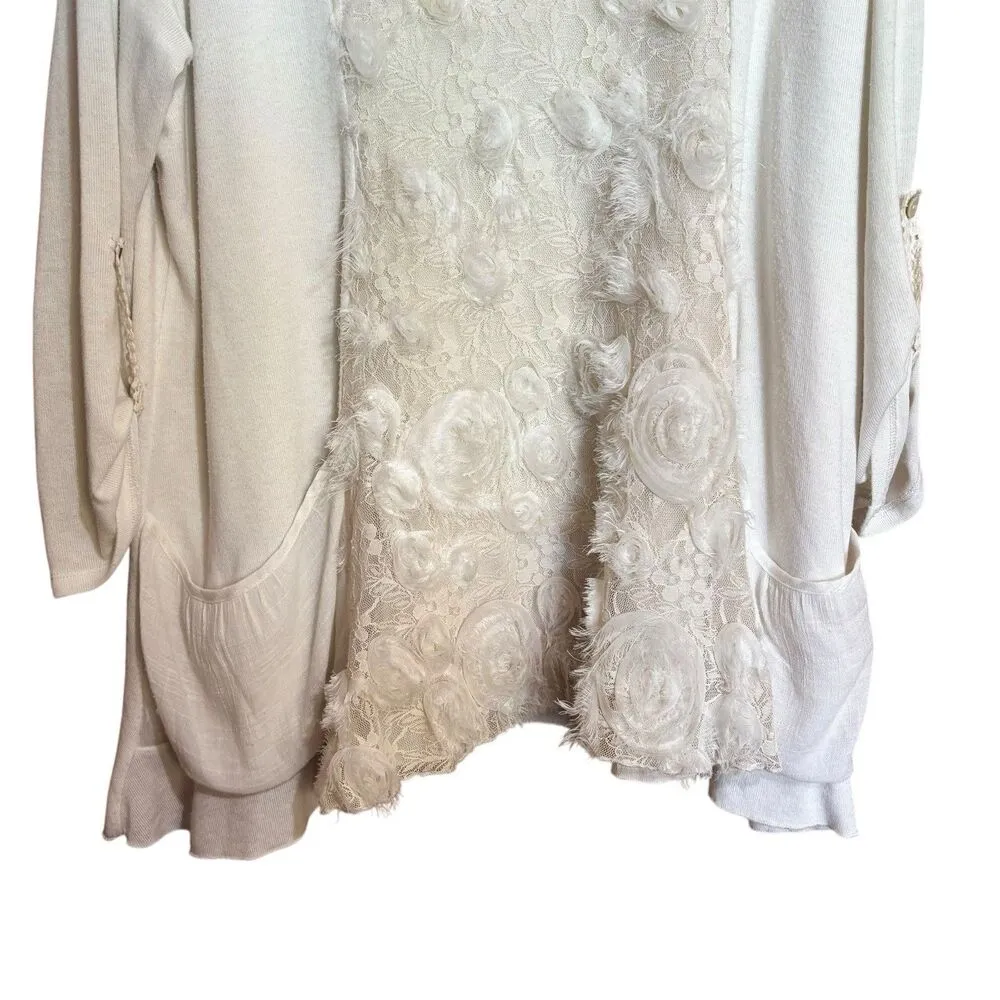 Ali Miles Tunic Top 1X Ivory Lace Floral Overlay Roll Tab Sleeves Artsy Blouse - Image 4