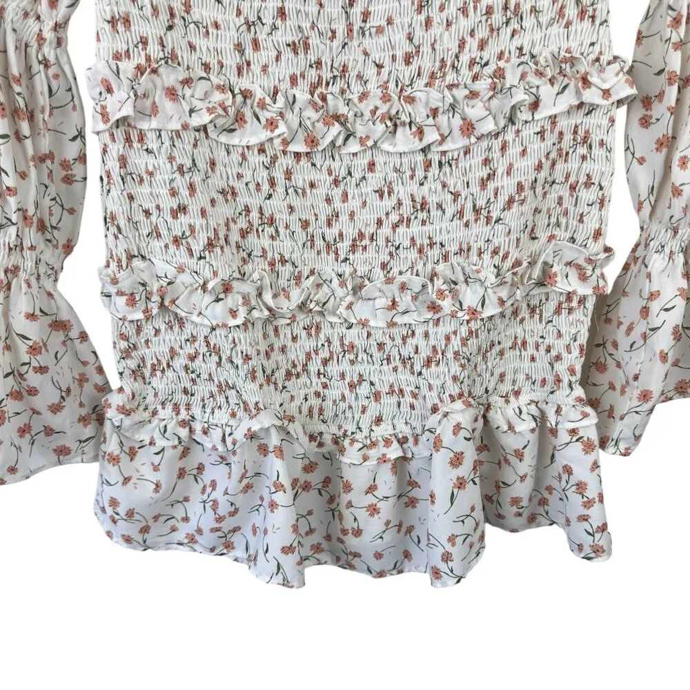 SABO SKIRT Shirred Lule Ruched Dress Sz‎ S Floral Tiered Off The Shoulder Ruffle - Image 4