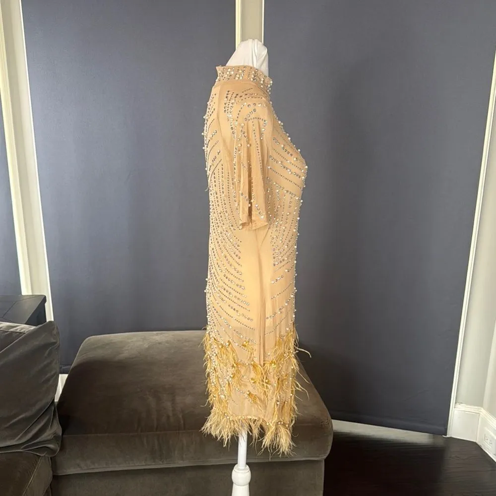 Women’s Sheer BodyCon Mini Dress Rhinestones Faux Pearls & Feathers Size S - Image 4