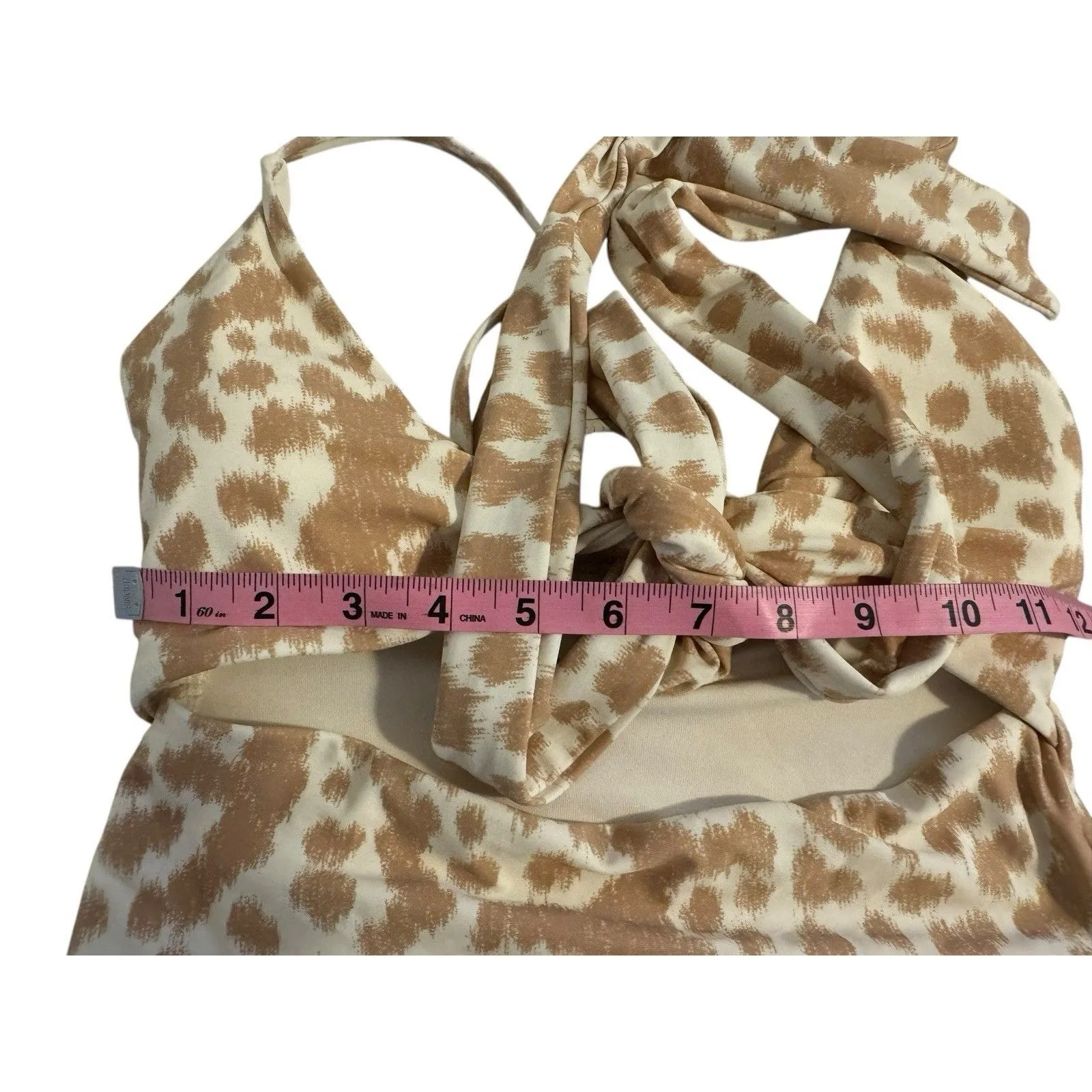 Aerie Womens Cream Brown Animal Print Tie Front Cutout One Piece Swimsuit Medium - Image 6