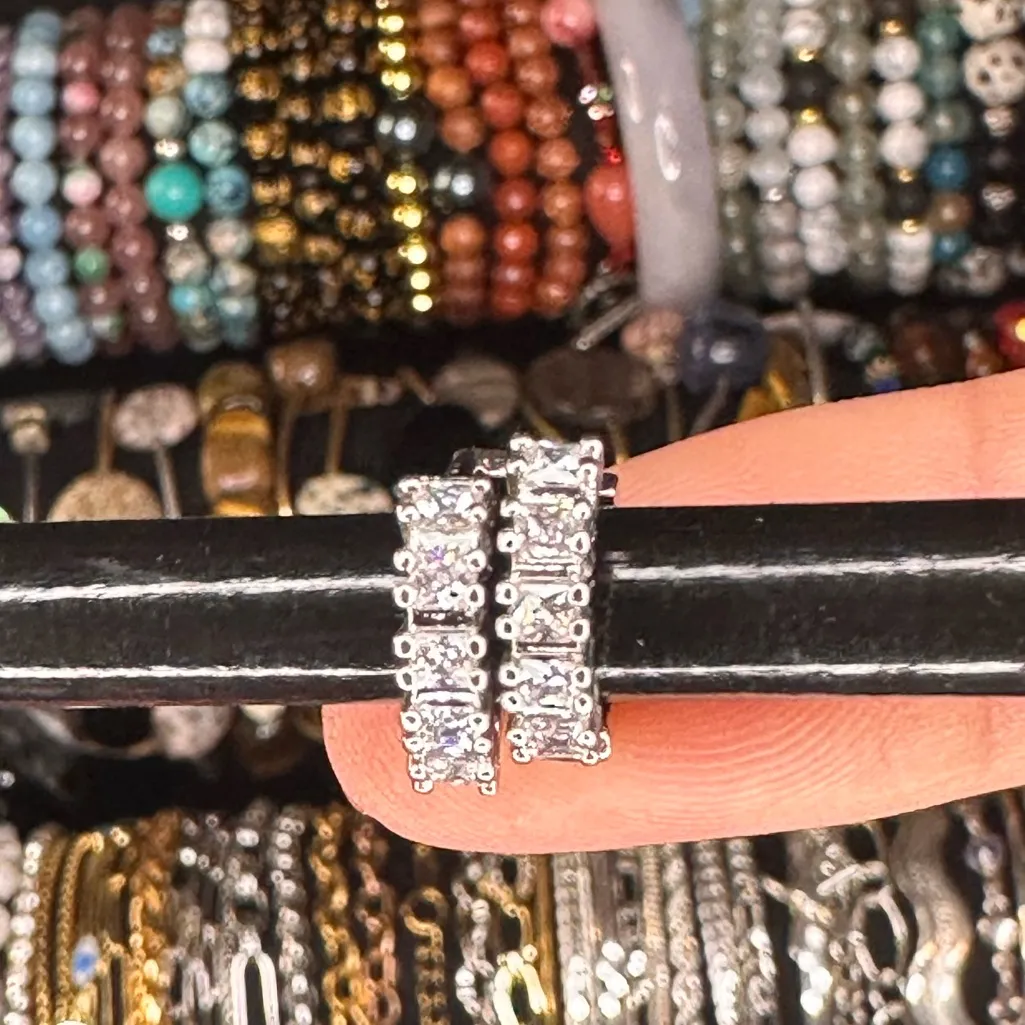 E65. Silver Overlay Hoop Huggie Square Cut Earrings Made w/Swarovski Elements - Image 4