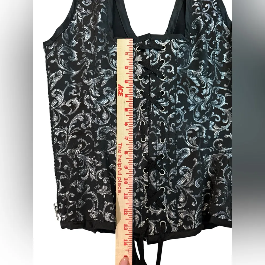 Steel boned Corset Queens sz 30 lace up side zip Black Silver Brocade slimming - Image 12