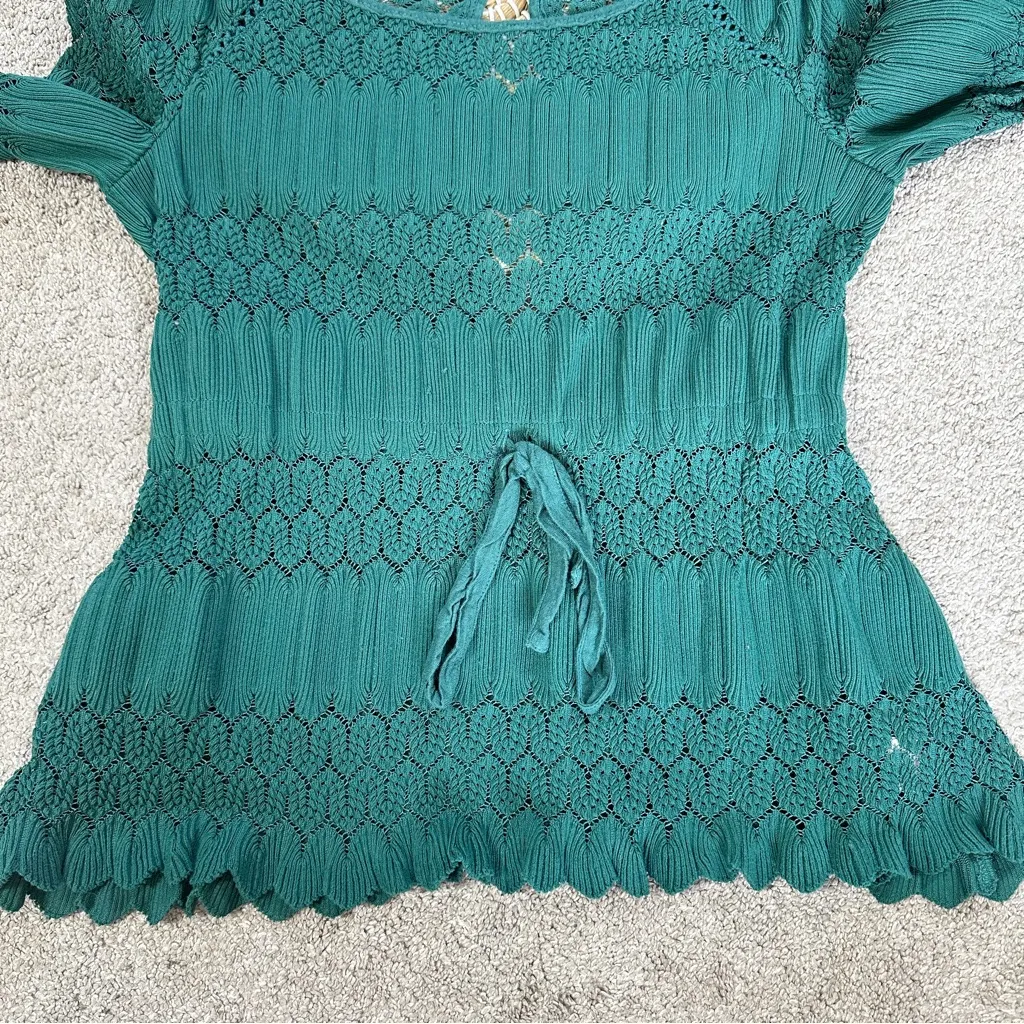 Free People Women’s Fire Island Knit Crochet Blouse Top Cottagecore in Green XS - Image 5