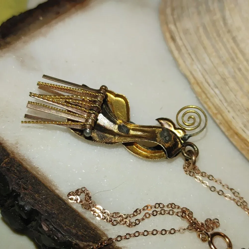 Vintage 12K Gold Moveable Intricate Pendant Necklace 14K GF Chain Pearl Accents - Image 5