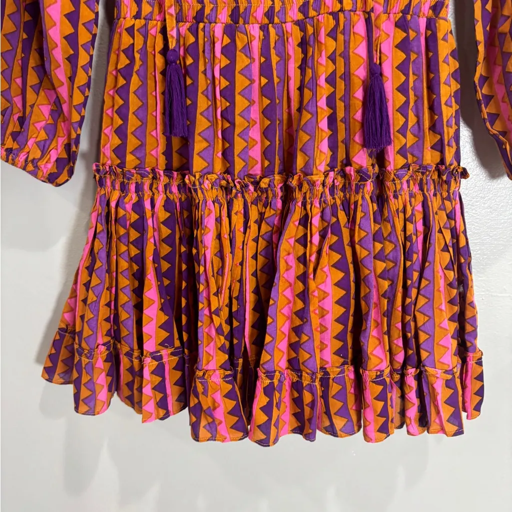 Oliphant Boho Peasant Mini Dress Ruffle Neck Smocked Pink Geometric Tassel XS Purple - Image 7