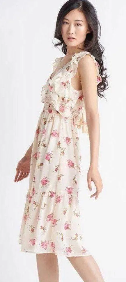 Black Tape midi floral feminine chiffon flowy dress size XS pink roses stars - Image 2