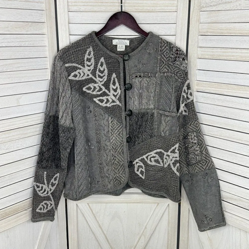 Sandy Starkman Vintage Patchwork Knit Cardigan Sweater Gray Large Cotton - Image 11