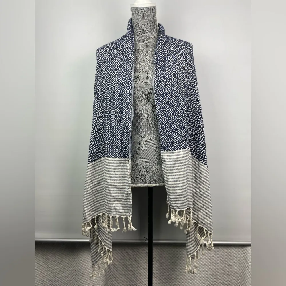 Textured Blue White Striped Rectangular Scarf Beach Throw‎ Blanket Fringe Hem - Image 6
