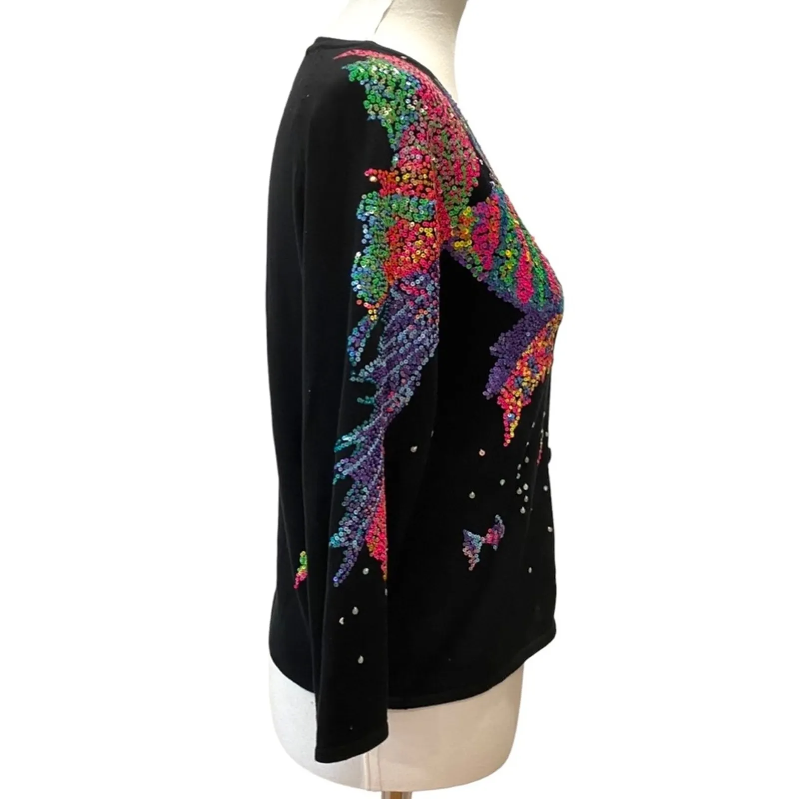 Michael Simon Vintage Sweater Small Cardigan Y2K Silk Fish Art Sequin Seascape Black - Image 5