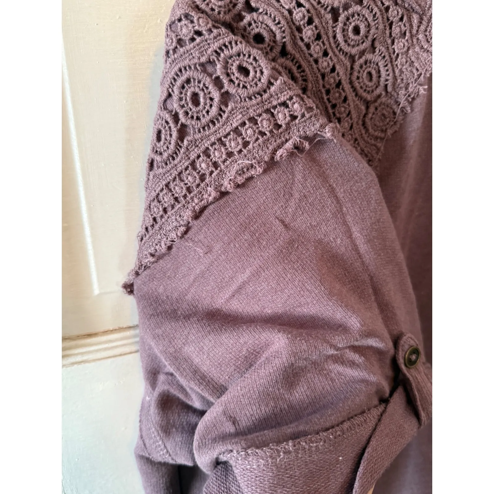 Maurices Womens Purple Crochet Sleeve Tunic  Rolled Cuff Distressed Hem shirt - Image 7