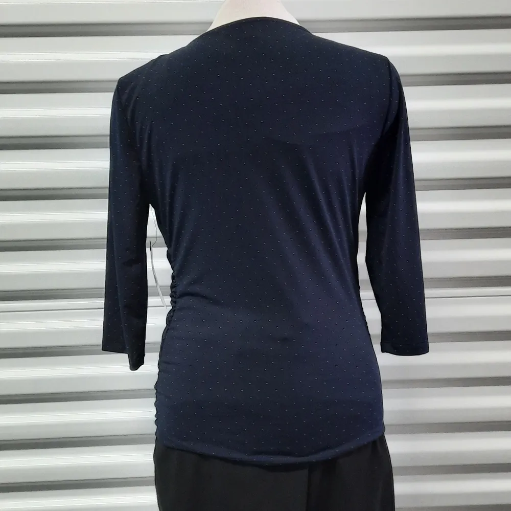 Larry Levine Top Blouse Women's Small Blue Polka Dot Ruched Pullover Casual - Image 3