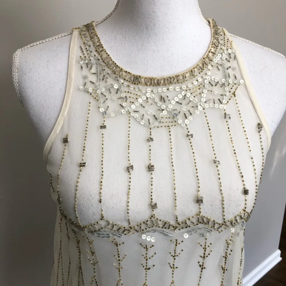 PJK Patterson J Kincaid Top Cami Sleeveless High Neckline Sequin Beaded Boho Gold - Image 8