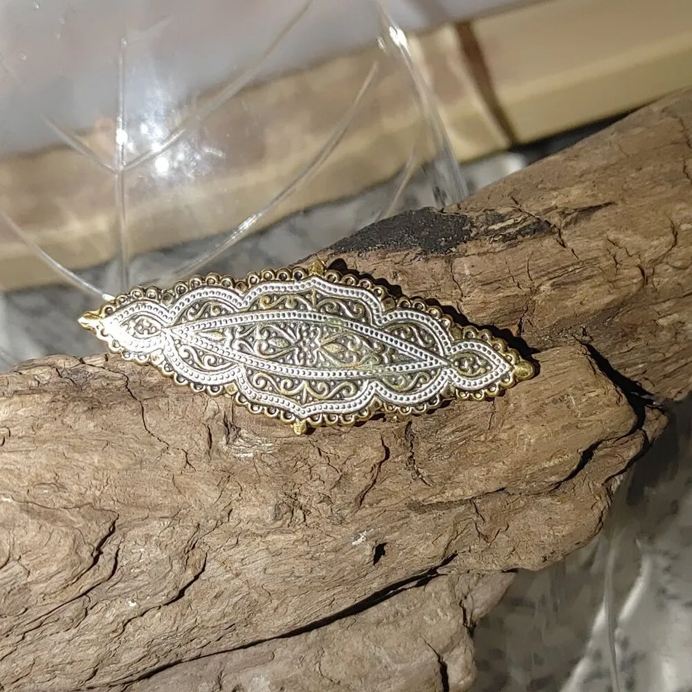 Antique Vintage Damascene Art Deco Gold Tone Silver Filigree Bar Brooch Pin FLAW - Image 6