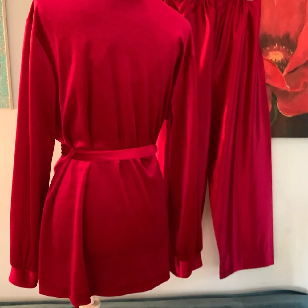 Vintage Womens Robe And Pants Size M Medium Pink Silky Satin Velour Romantic Black - Image 3