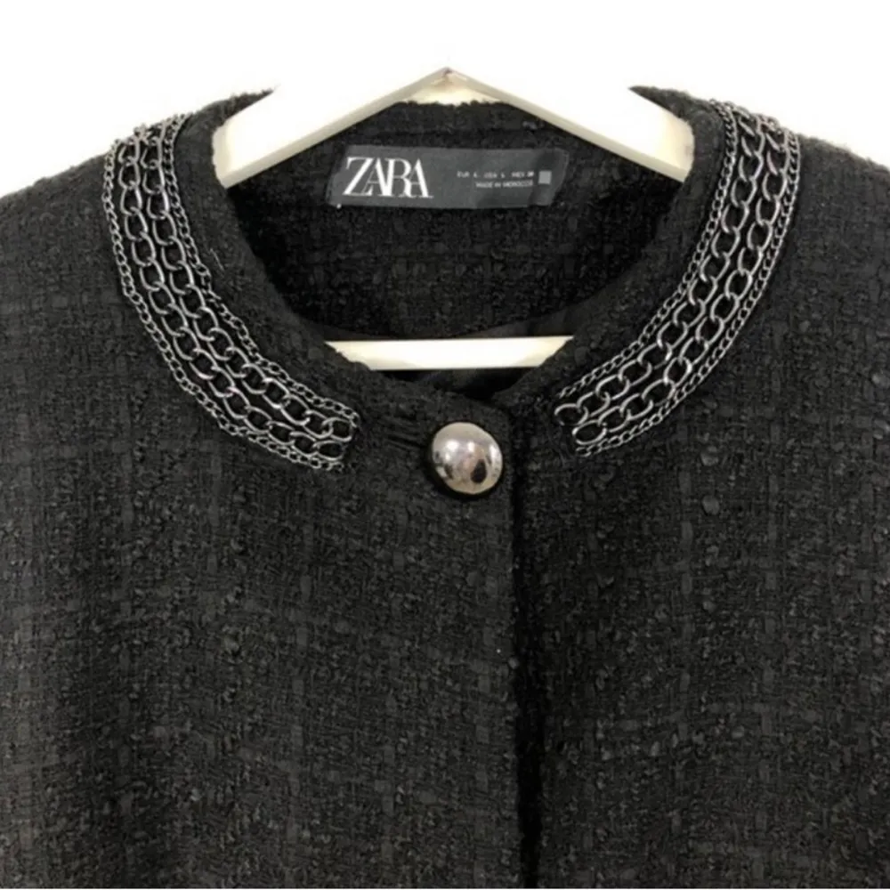ZARA Black Tweed Front Coat Jacket w/ Chain Detail - Image 11