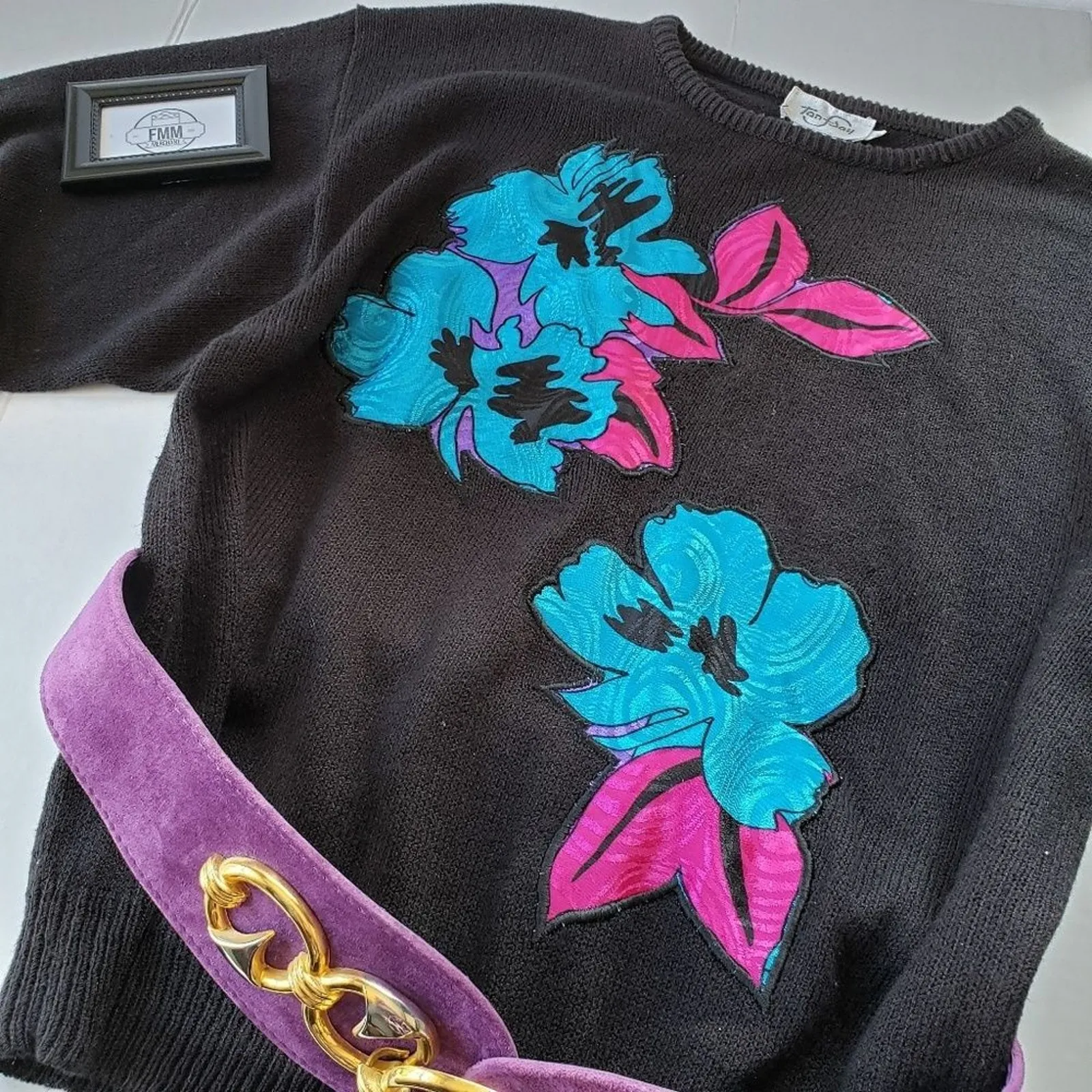 Vintage 80s TanFJay Black Floral Applique Sweater Sz M Whimsigoth Kitsch Retro Size M - Image 8