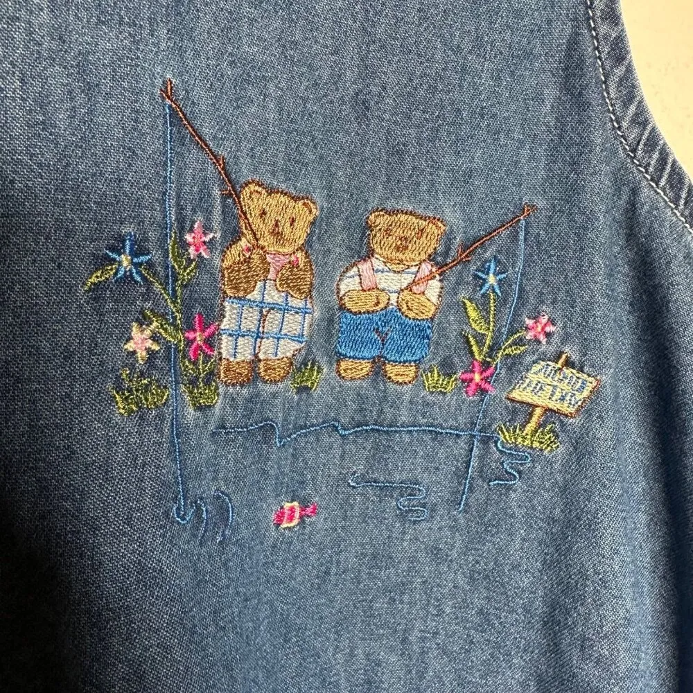 Basic Editions Teddy Bear Embroidered denim sleeveless vintage 90's top Sz Large Blue - Image 4