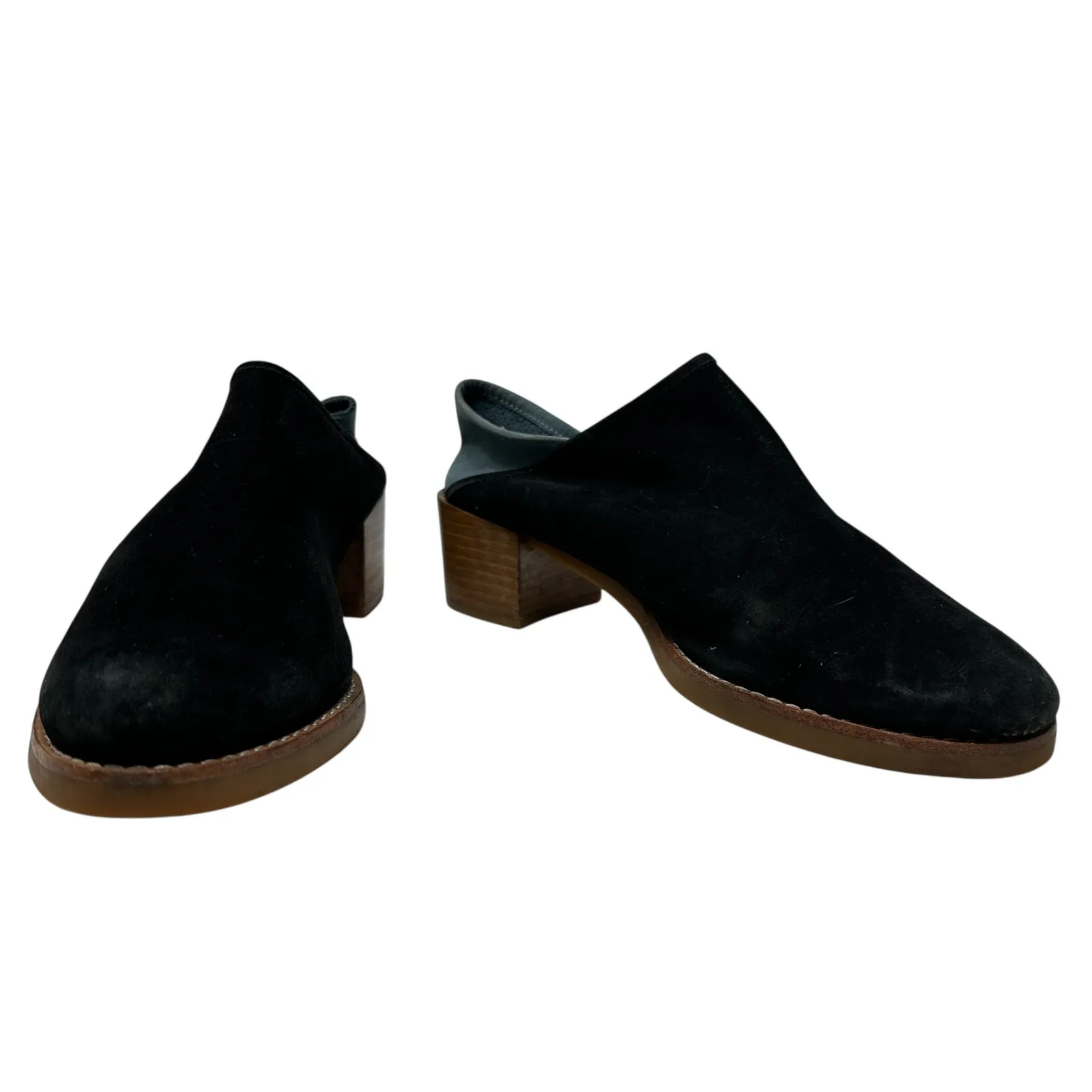 All Black Mules‎ Heel Collapsible Back Slip On Suede Leather Black Blue Sample Size 7 - Image 2