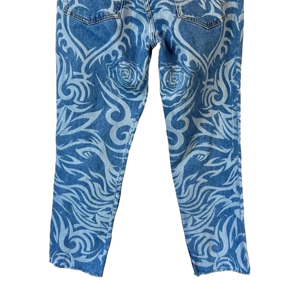 Topshop Tattoo Effect Laser Print Raw Hem High Waist Crop Straight Leg Jeans - Image 12