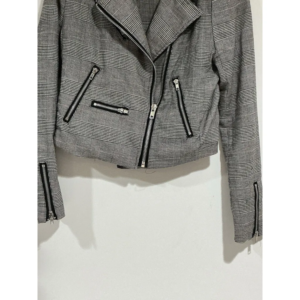 Woman’s Olivaceous Black Plaid Zip Up Cropped Motor Cycle Jacket Medium - Image 2