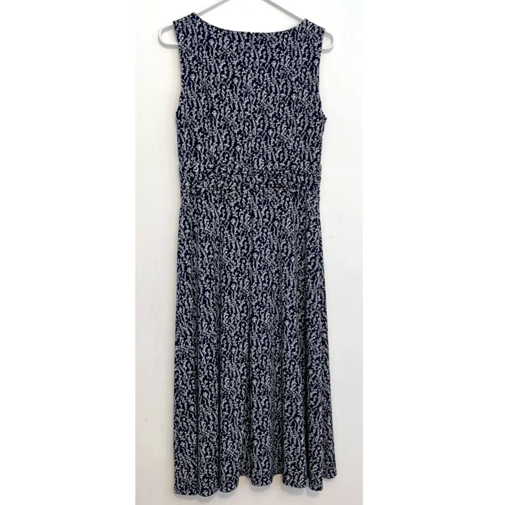 JESSICA HOWARD Ruched A-Line Dress Navy Blue White Floral Sleeveless Midi Office - Image 12