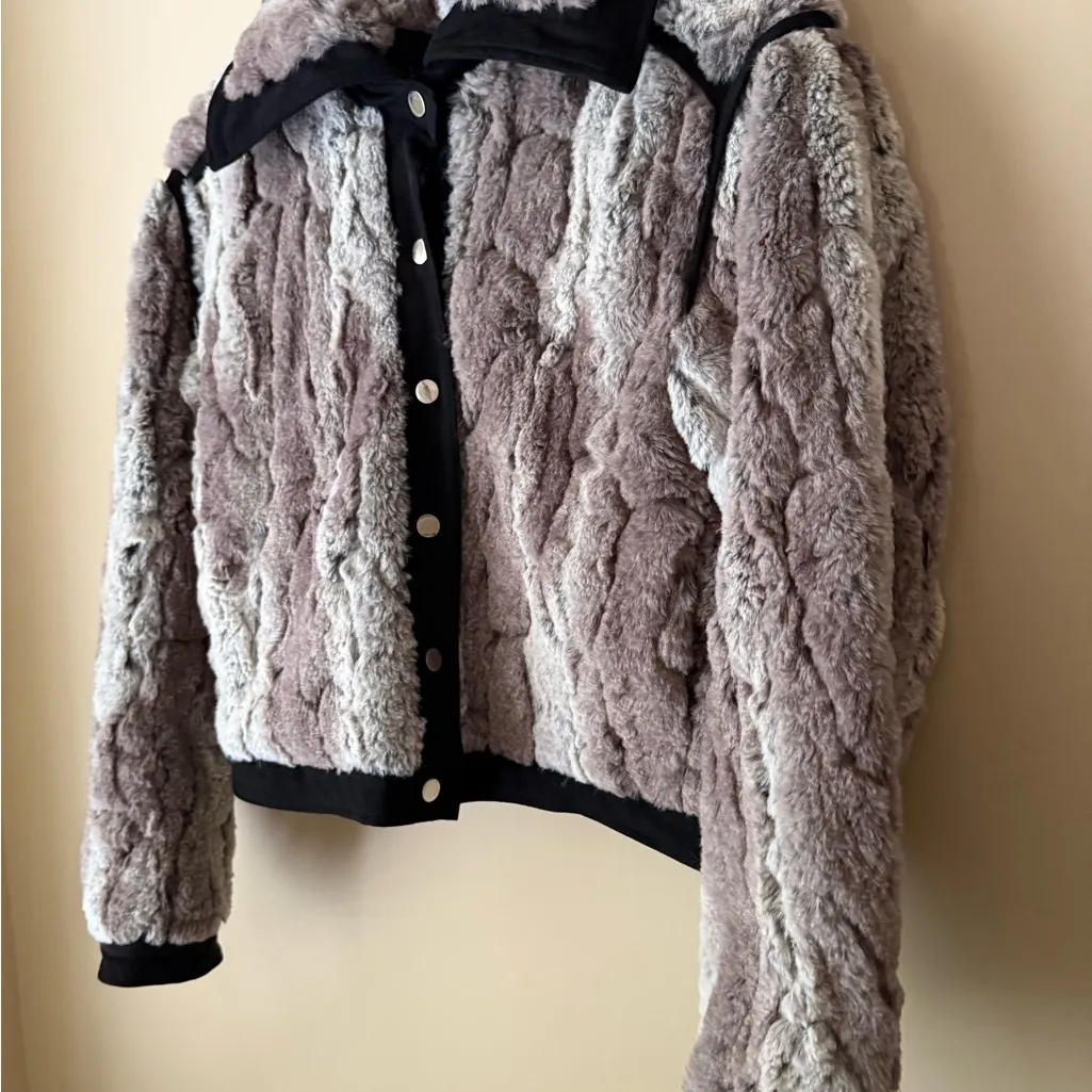 Faux Fur Jacket Silver Snap Button Coat with Black Trim + Pockets by Olivaceous - Image 8