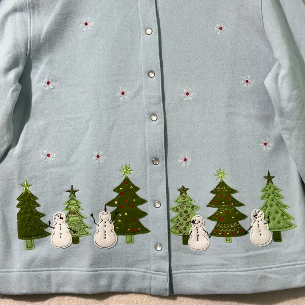 Classic Elements Light Blue Winter Snowman Holiday Cardigan Sweater Size Large - Image 4
