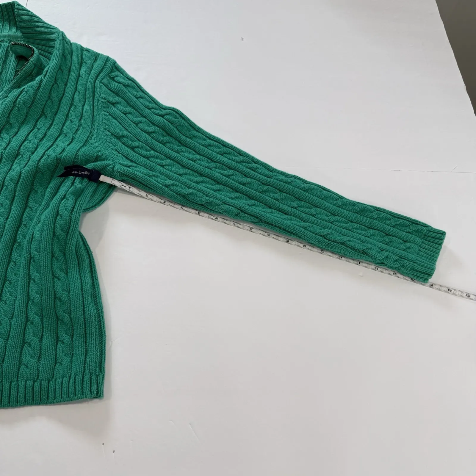 LL Bean Teal Mock Neck Full Zip Cable Cotton Cardigan Sweater Size LARGE PETITE Green - Image 9