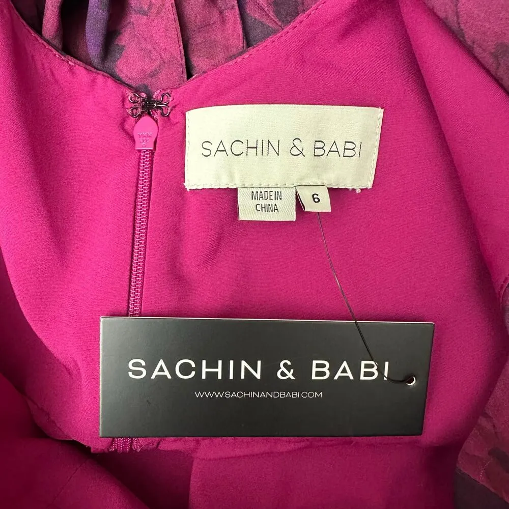 SACHIN & BABI Sz 6 US Magenta Purple Floral Gown Square Neck Flowy Chiffon Dress - Image 7