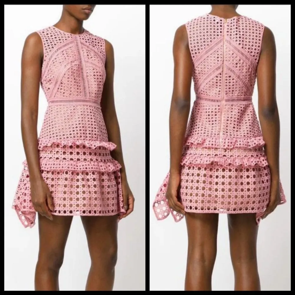 💕SELF-PORTRAIT💕 Crosshatch Frill Mini Dress ~ Guipure Lace Pink US 4 NWT - Image 4