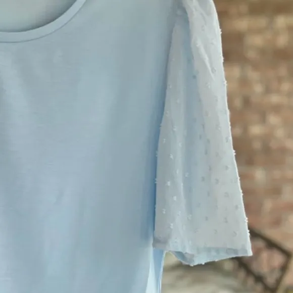 Shein Top Puff Sleeve Swiss Dot Blue Tee S Knit Short Sleeve Pastel - Image 4