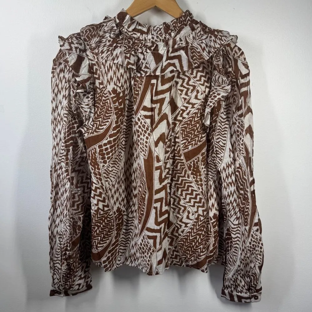 Karlie Top Women M Brown White Geometric Ruffle Shoulder Cotton Lined Peasant - Image 2