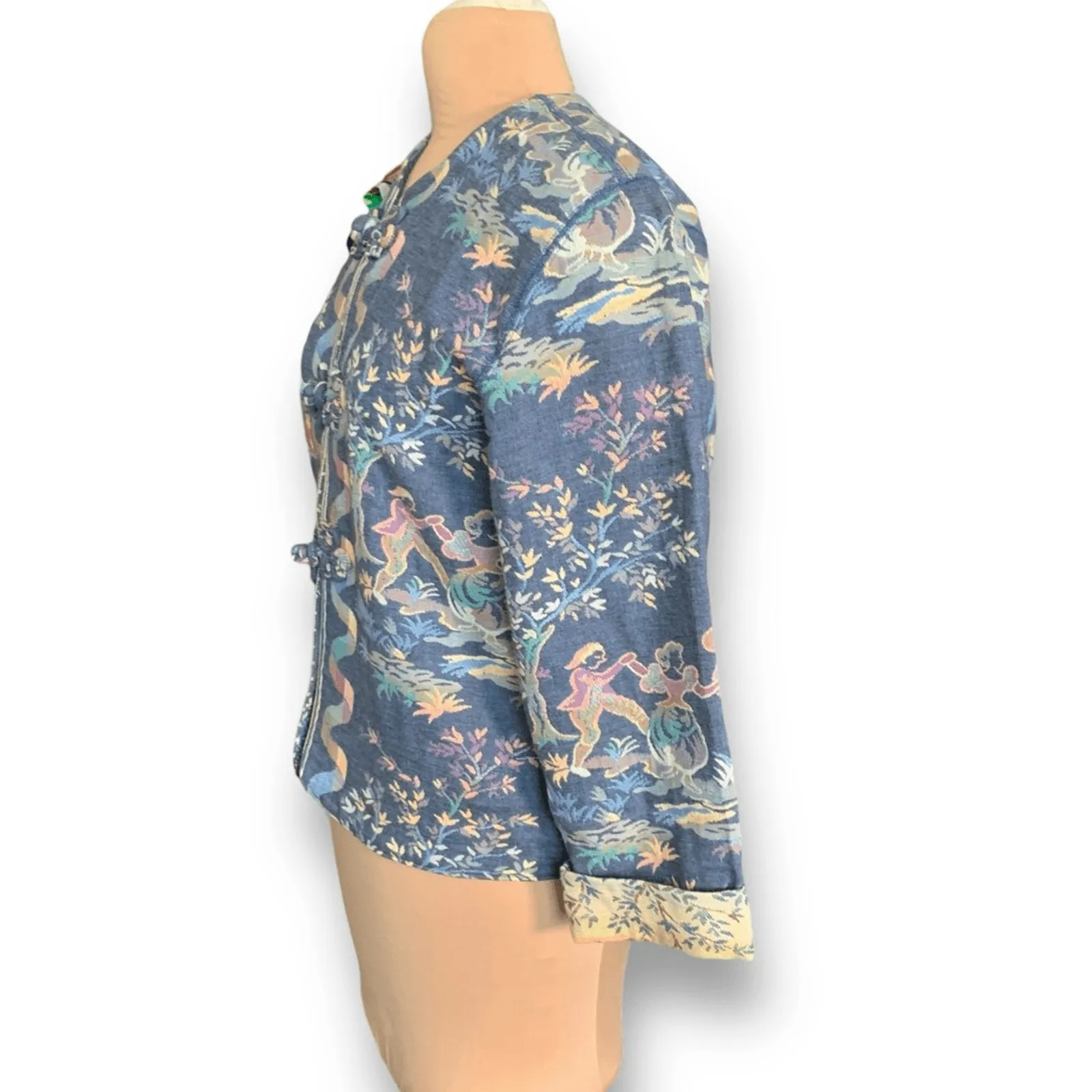 Vintage Doncaster Tapestry Jacket Blue Folk Art Pastoral Scene Art To Wear 10 - Image 6