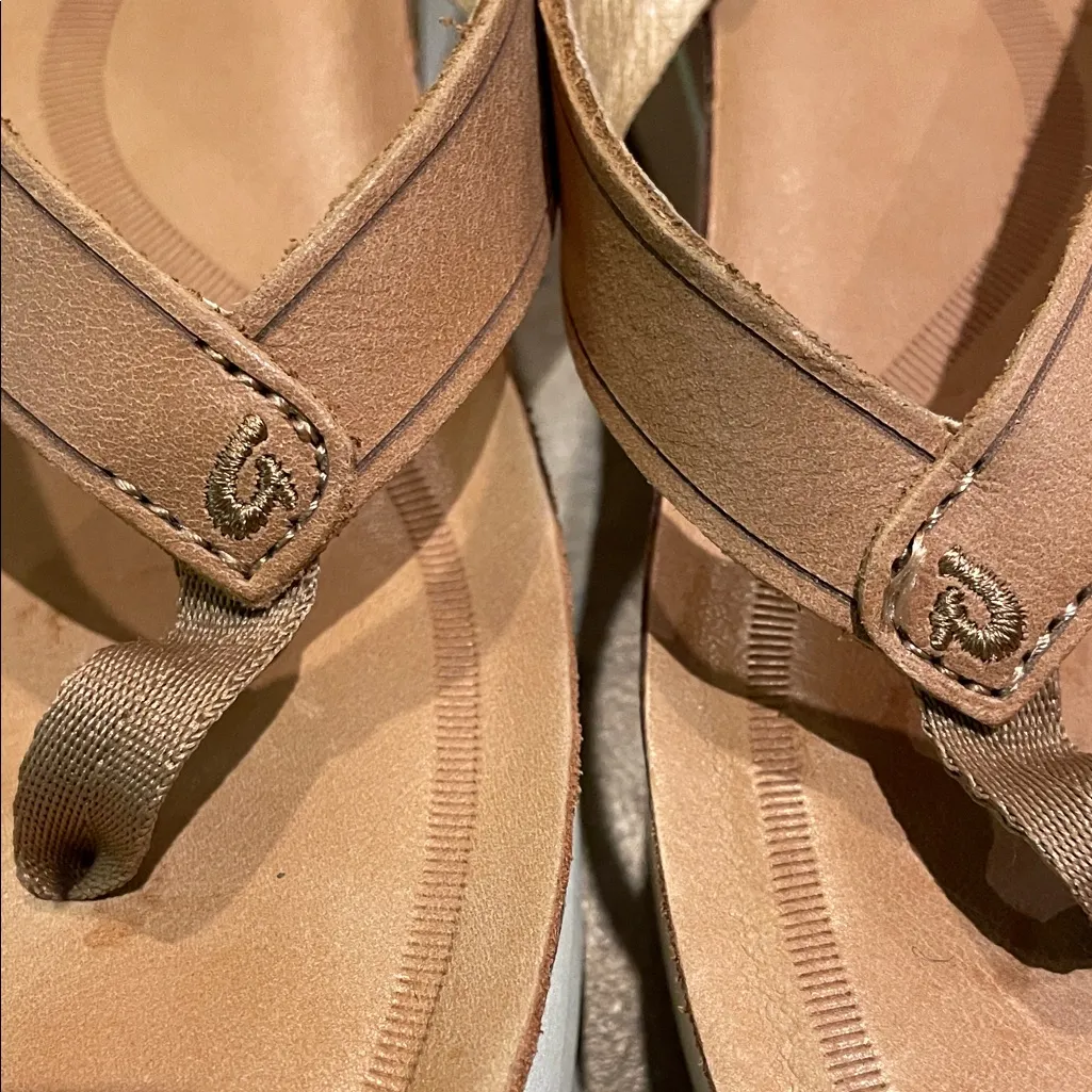 OluKai Mala'e Brown Leather Wedge Thong Sandals Shoes Womens Size 9 20465 - Image 5