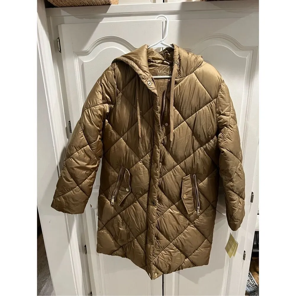 MICHAEL KORS Women's SZ M Hooded Quilted Puffer Jacket Coat Gold Lightweight NEW - Image 14