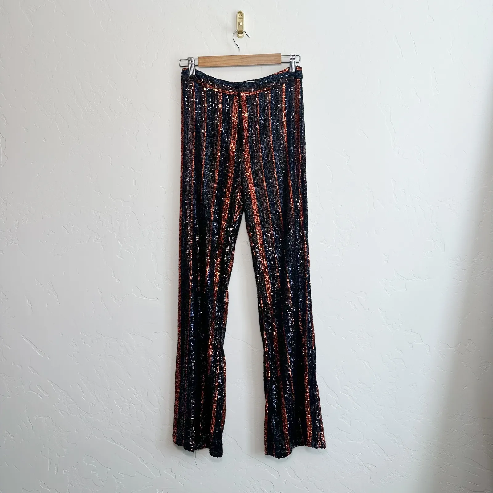 Zara | Sparkle Sequins Flare Wide Leg Pants Striped Black‎ Red - 3440/251/800 - Image 7