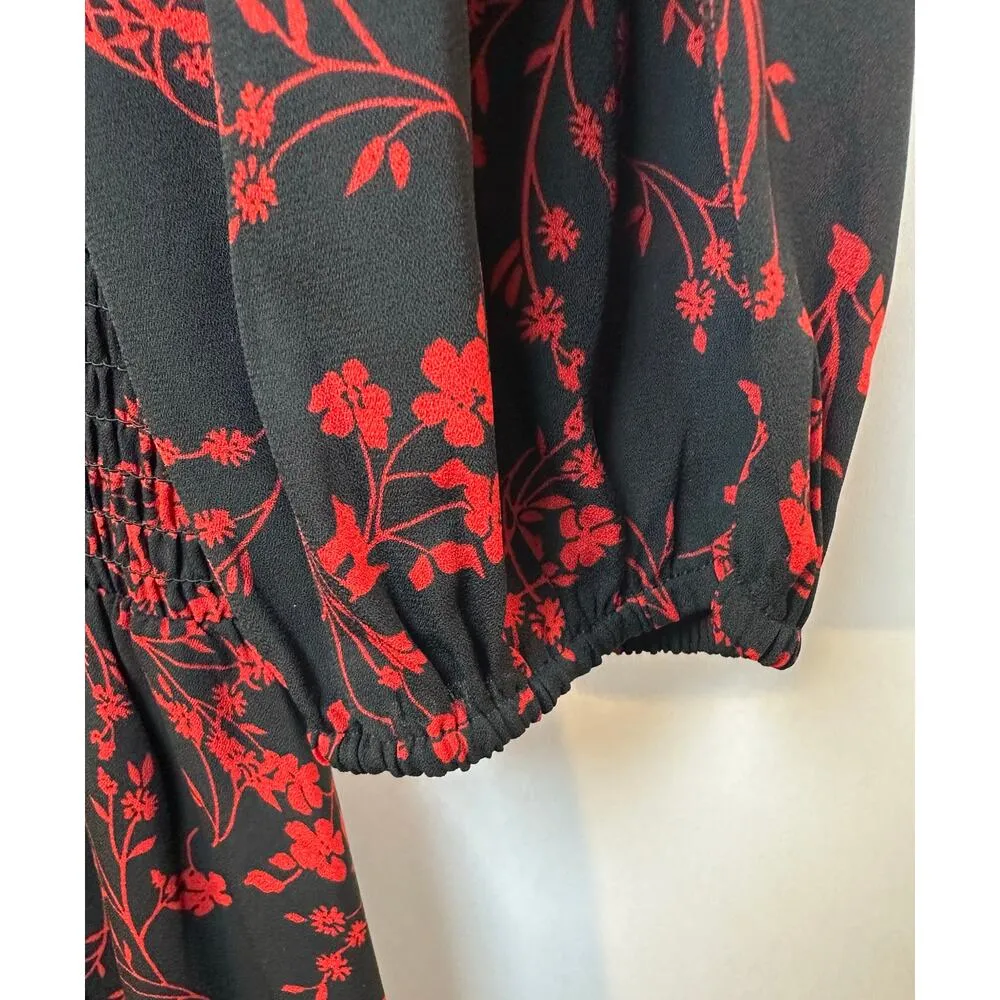Nanette Lepore Size 6 Black Red Floral Dress High Low Puff Sleeves Mock Neck - Image 8