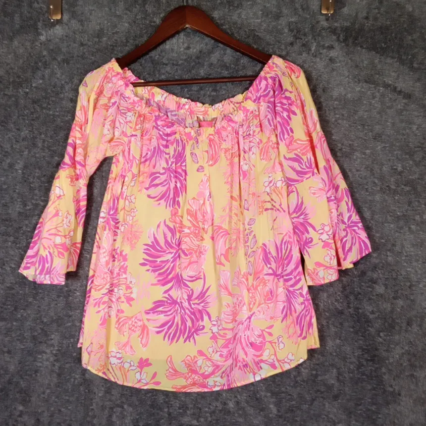 Lilly Pulitzer Neive Long Sleeve Off Tge Shoulder Top Vibrant Floral Vacation M - Image 4