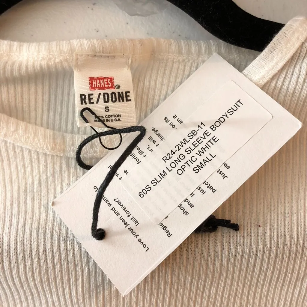 Re/Done Womens Hanes Bodysuit 60s Slim Ribbed Knit Long Sleeve Cotton White S - Image 3