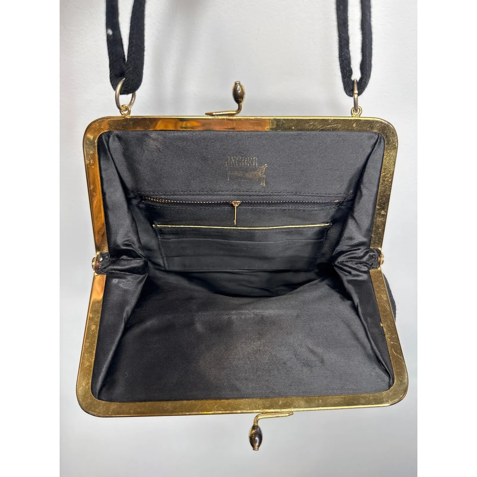 Vintage 1940s Ingber Black Fabric Evening Bag w/ Bow Handle & Gold Frame - Image 5