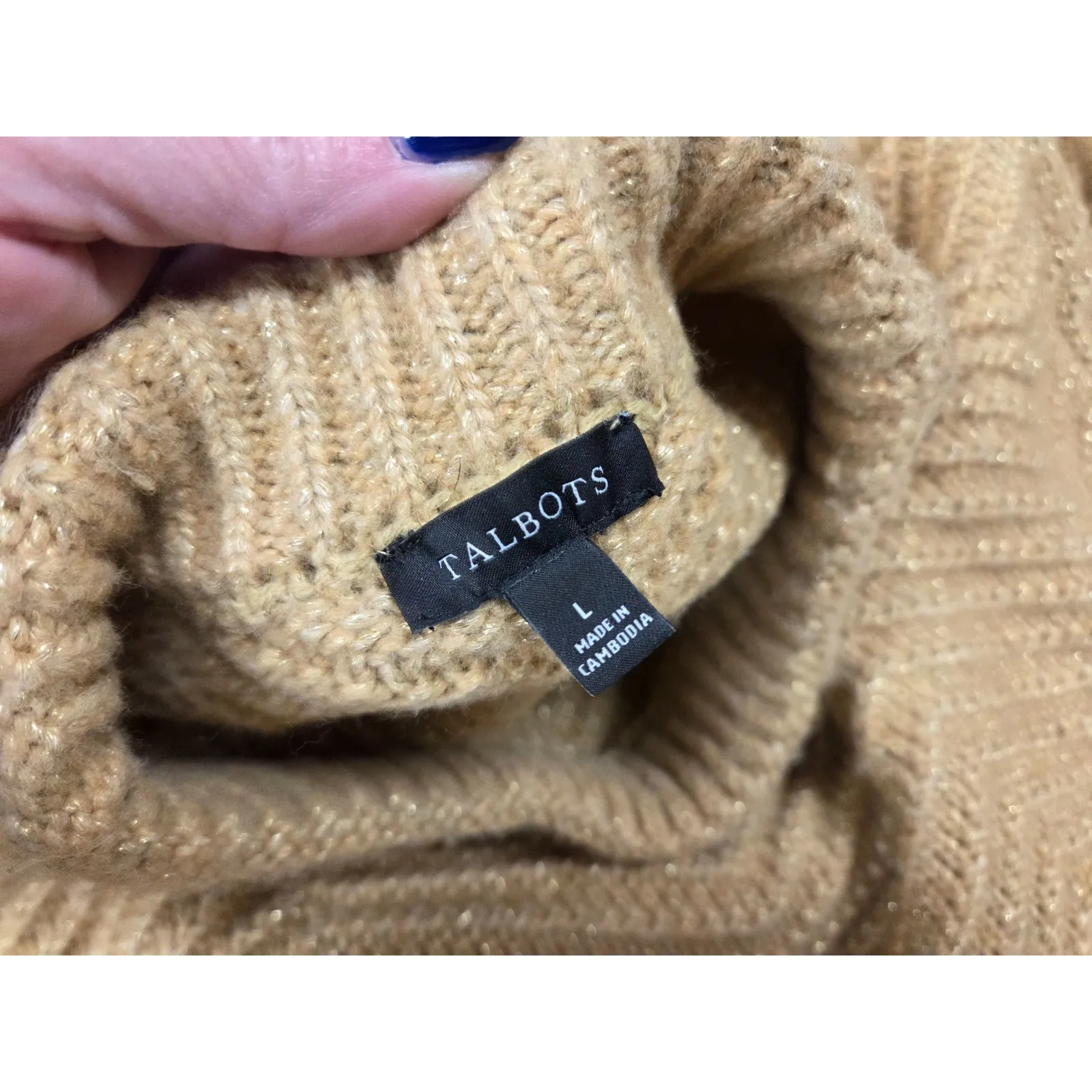 Talbots Texture Stitch Mockneck Sweater Metallic Toasted Coconut Gold Large - Image 3