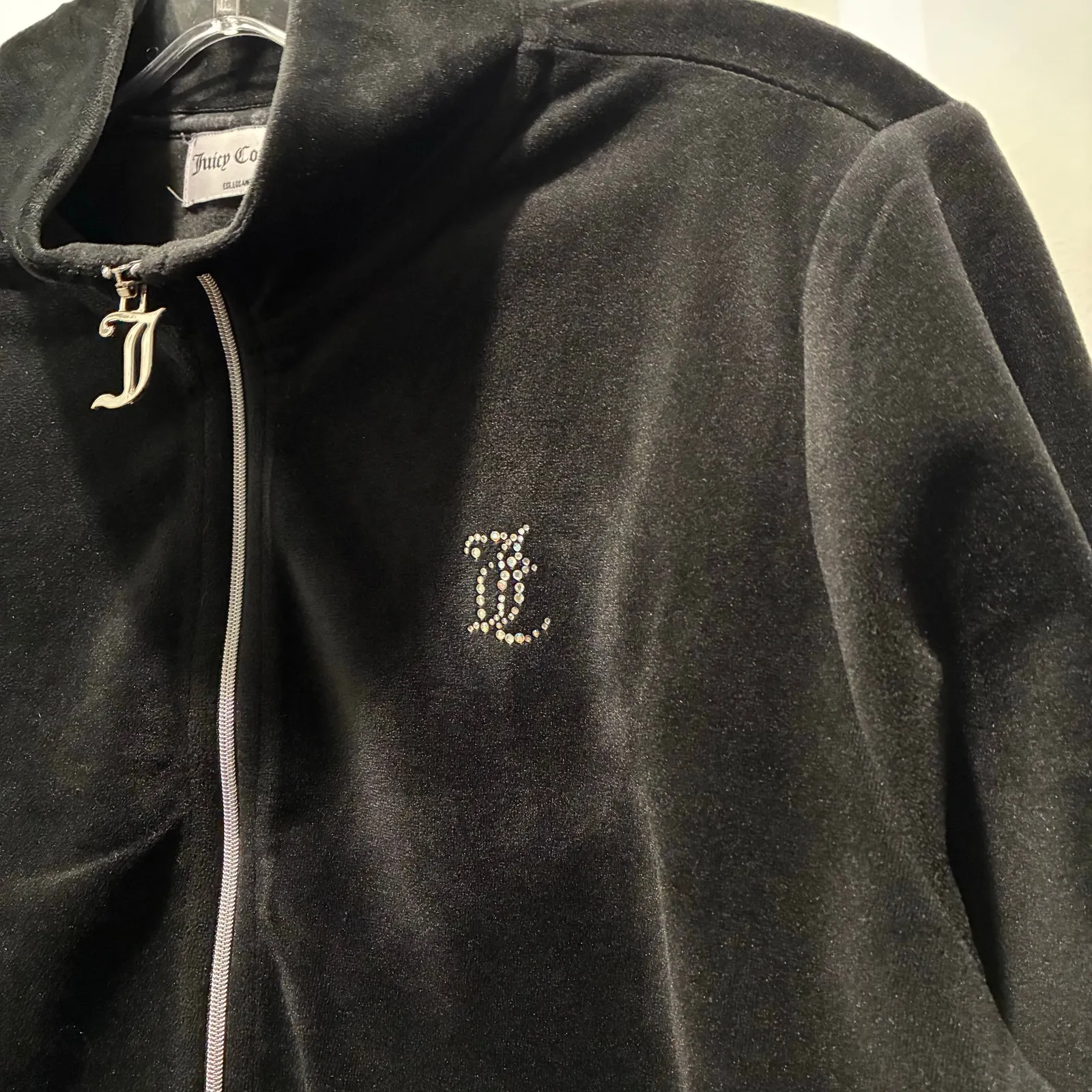 Juicy Couture Jacket Velour Zip Up Rhinestones Sweatshirt White Label Black XL - Image 5