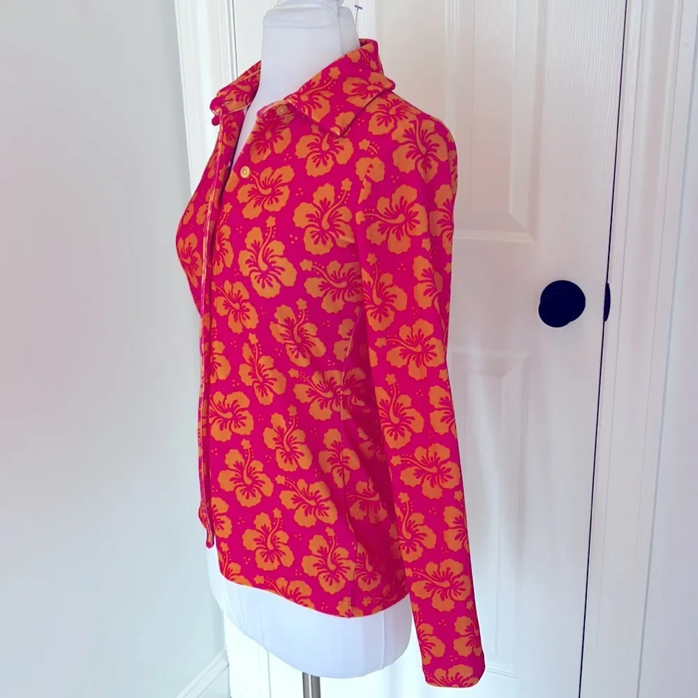 frankie's bikinis  Pink Orange Floral Terry Button Down Shirt - Image 3