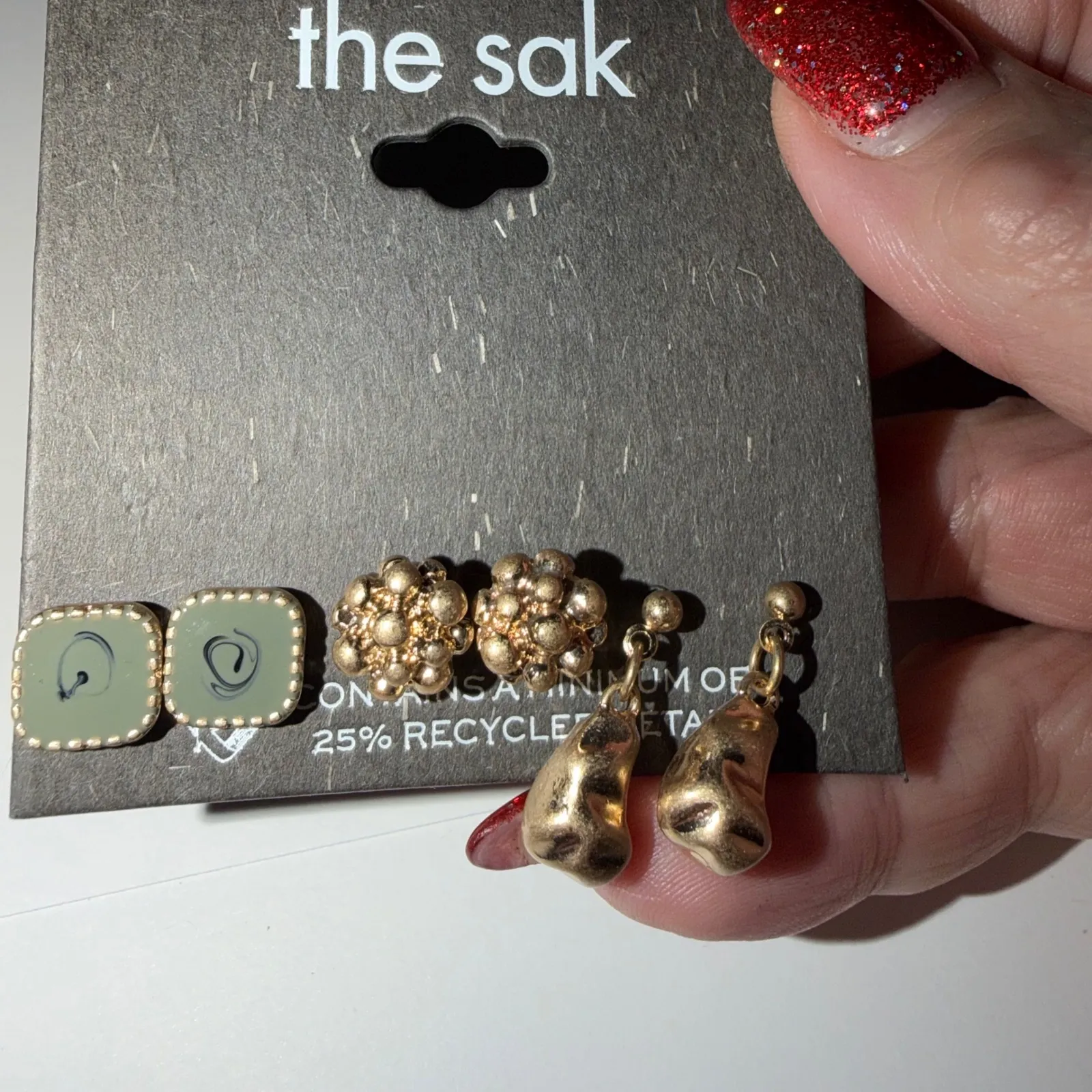 The Sak 3 Pair Earring Set Gold Tone Green Square Studs Dangle Drop - Image 2
