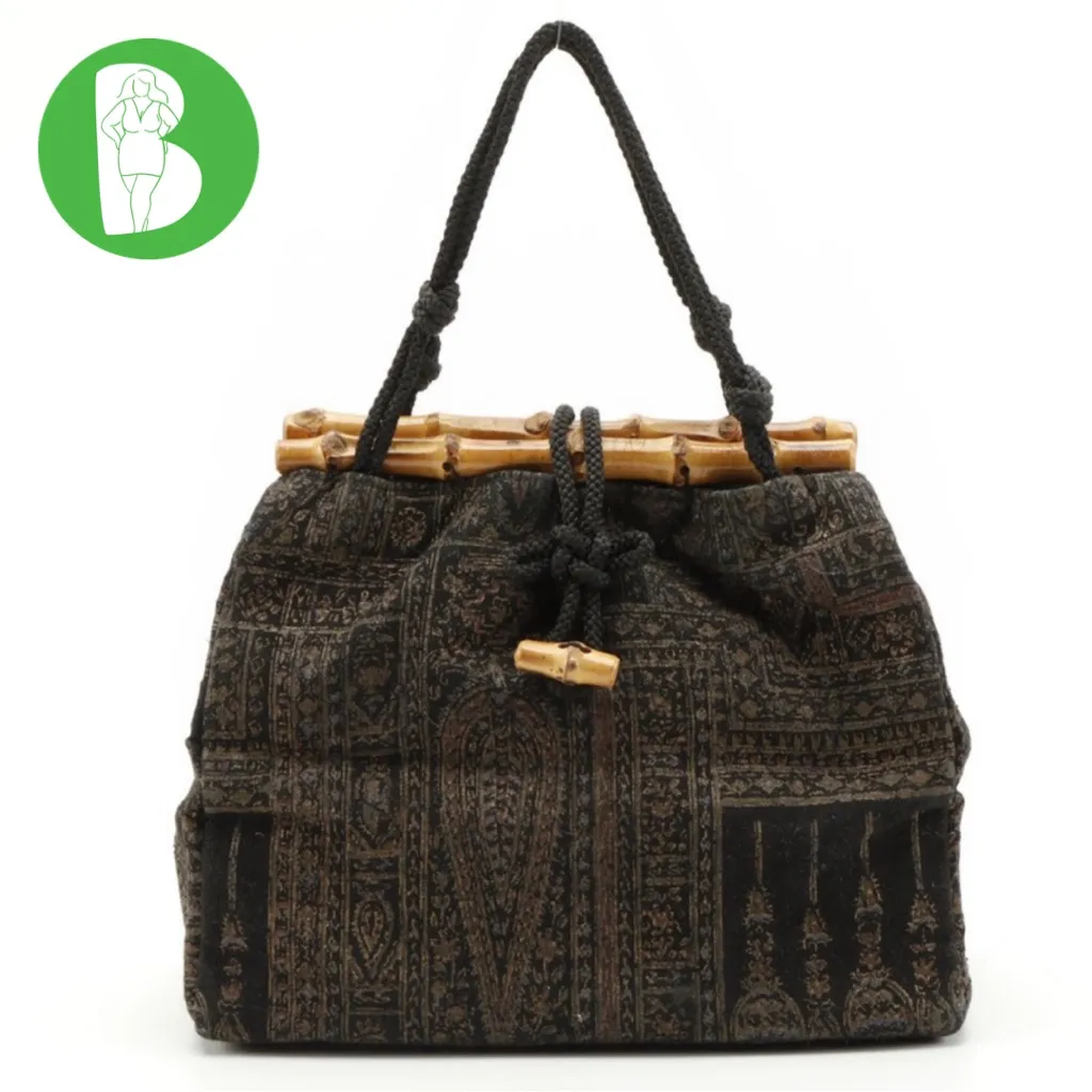 VINTAGE CIRCA 1970'S HANDMADE BROWN AND NEUTRALS FOLIATE BAMBOO HANDLE TOTE - Image 2