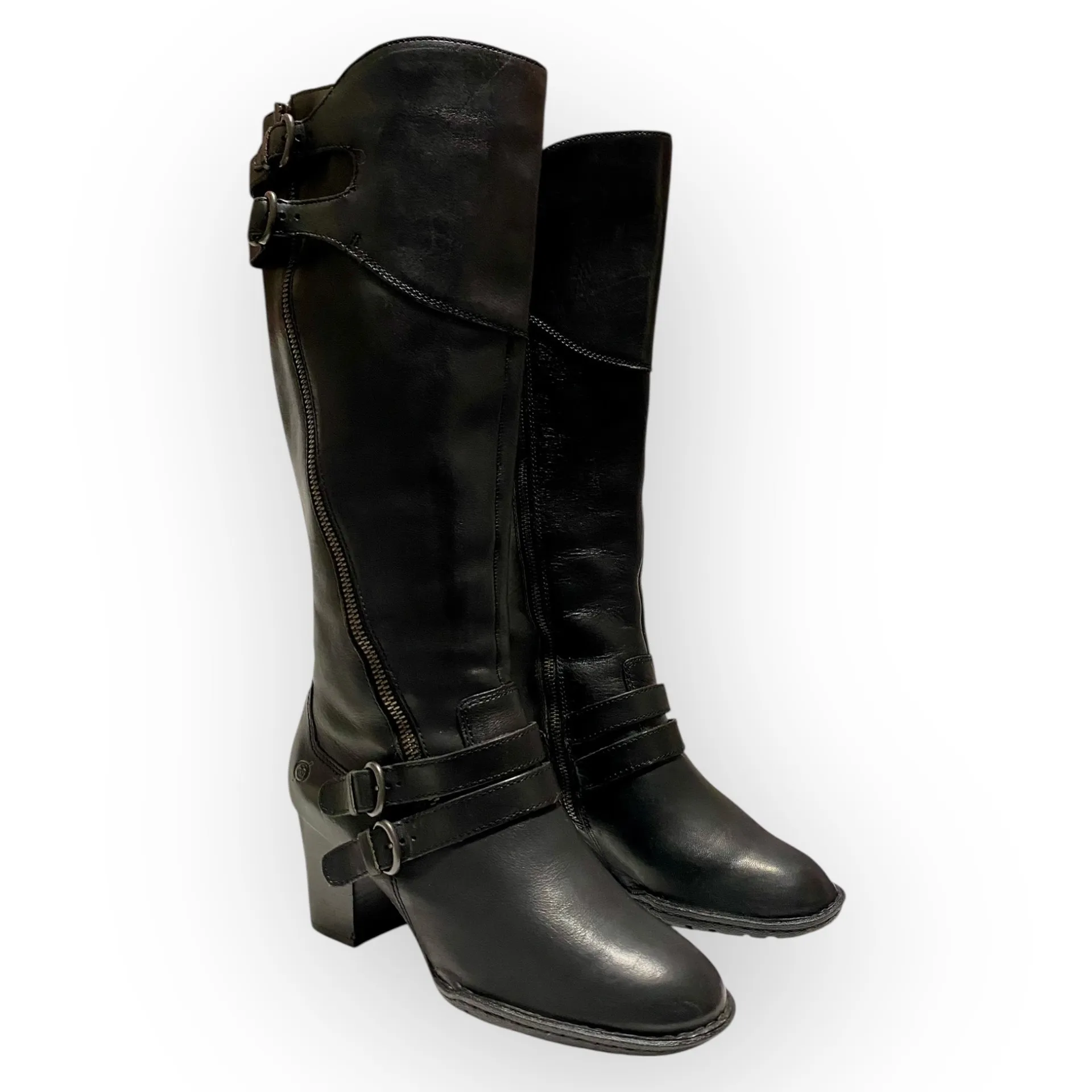 BØRN Milari Women’s Black Leather Tall Riding Boots Size 9.5 Chunky Heel Zip - Image 2